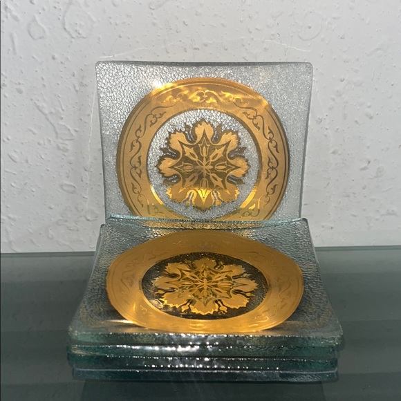 Vintage Bent Glass Coasters Retro with Gold Medallion Set of Five - Picture 1 of 5